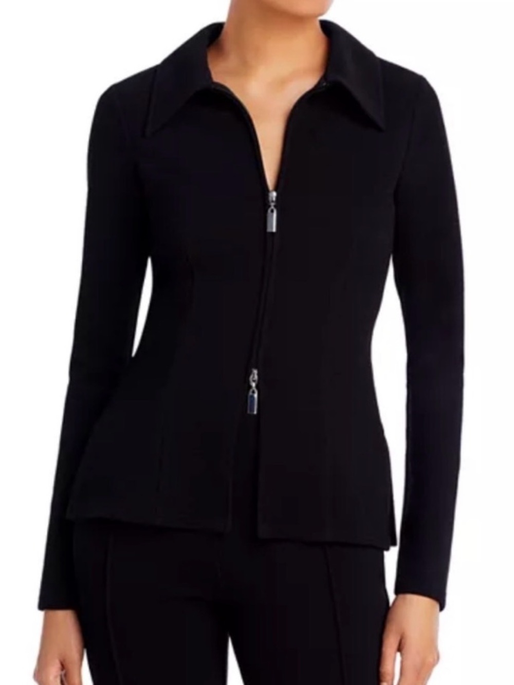 Wayf Black Zip-Front Long Sleeve Top with Collar